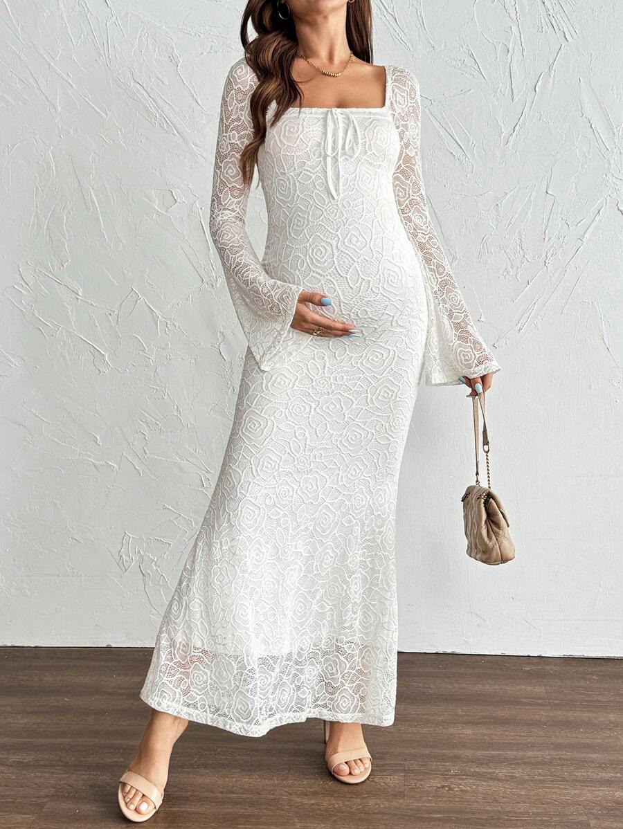 White Lace Flare Sleeve Fitted Mermaid Hem Maternity Dress