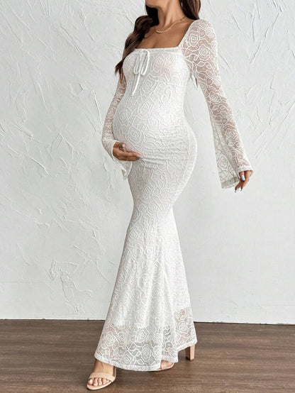 White Lace Flare Sleeve Fitted Mermaid Hem Maternity Dress