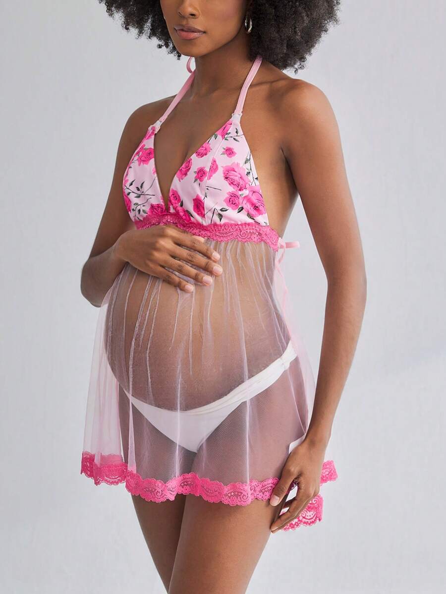 Romantic Floral Sheer Lace Maternity Nursing Camisole - Pink Rose Pregnancy Breastfeeding Top