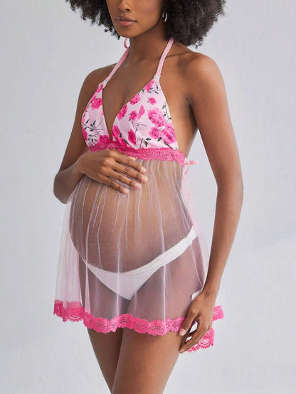 Romantic Floral Sheer Lace Maternity Nursing Camisole - Pink Rose Pregnancy Breastfeeding Top