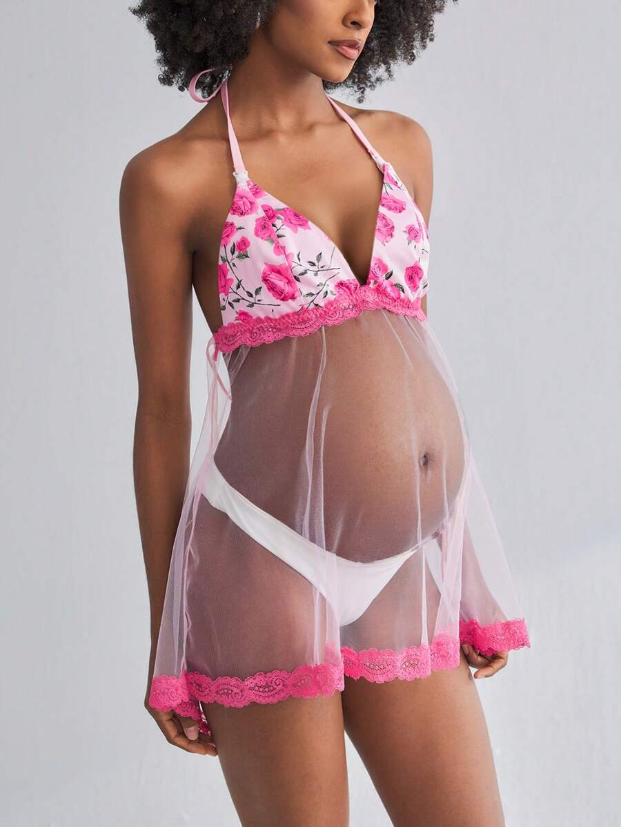 Romantic Floral Sheer Lace Maternity Nursing Camisole - Pink Rose Pregnancy Breastfeeding Top
