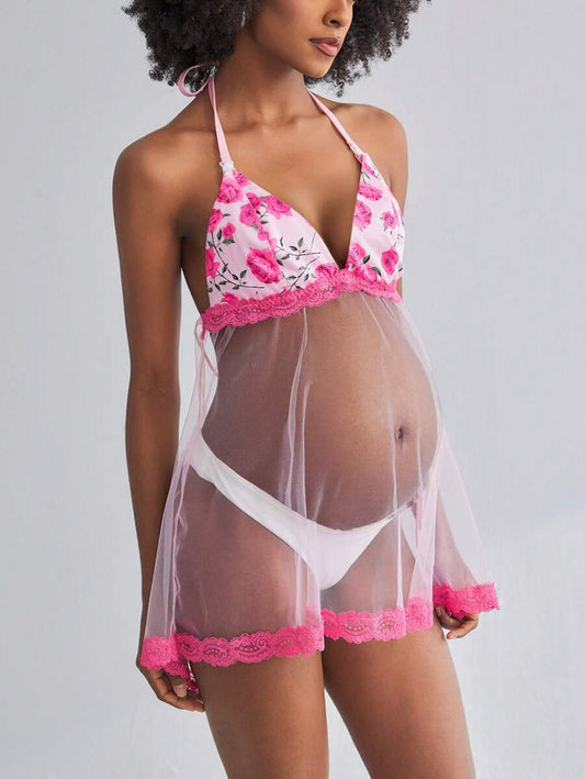 Romantic Floral Sheer Lace Maternity Nursing Camisole - Pink Rose Pregnancy Breastfeeding Top