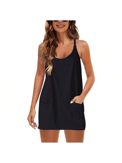 Maternity Dress Women's Workout Dress - Fitness Casual Mini Dress With Built-In Shorts, Sleeveless Style And Spaghetti Straps For Golf And Athletic Activities Maternity Clothes Khaki Dress,Fall Summer Short Dress,Fall Women Outfits,Office Wear,Work Women