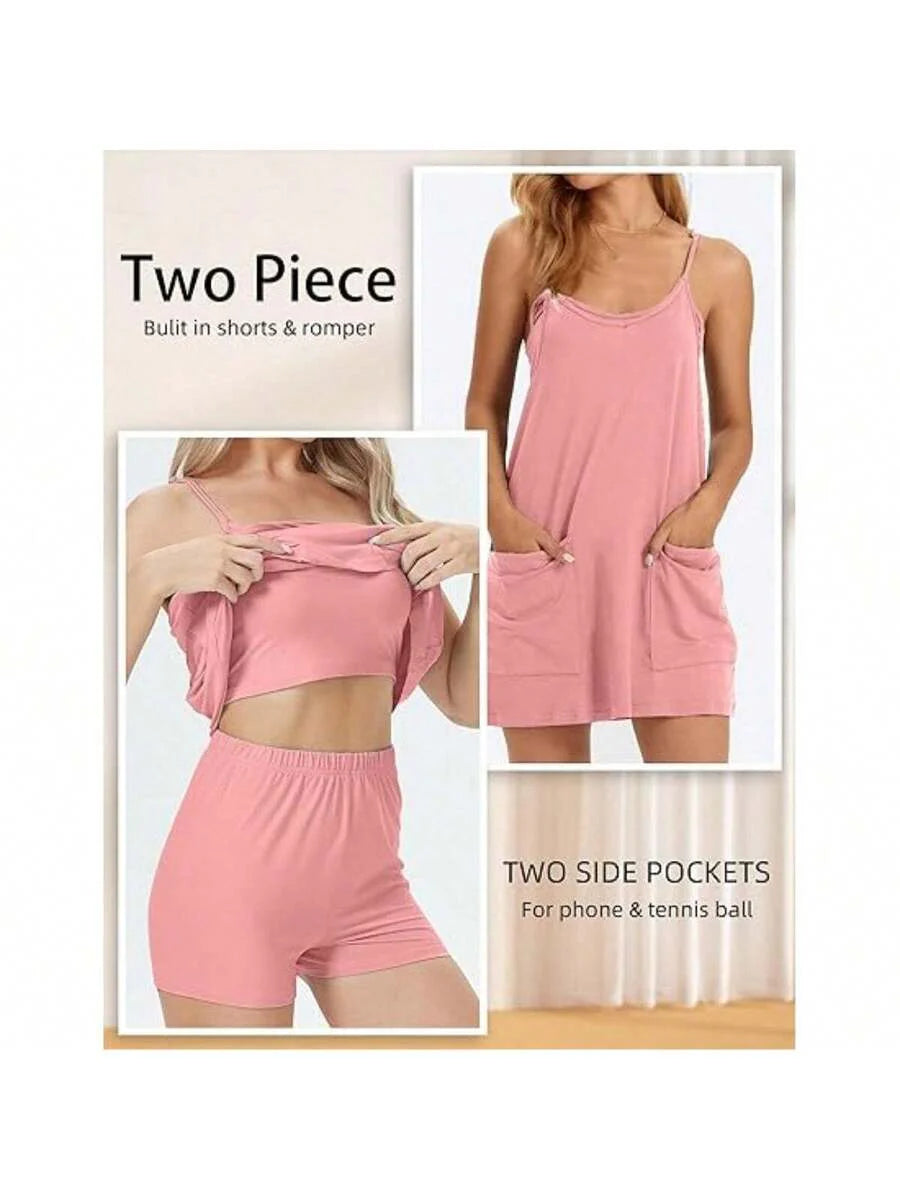 Maternity Dress Women's Workout Dress - Fitness Casual Mini Dress With Built-In Shorts, Sleeveless Style And Spaghetti Straps For Golf And Athletic Activities Maternity Clothes Khaki Dress,Fall Summer Short Dress,Fall Women Outfits,Office Wear,Work Women