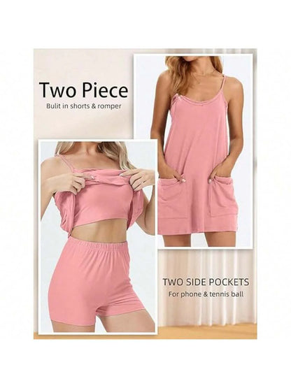 Maternity Dress Women's Workout Dress - Fitness Casual Mini Dress With Built-In Shorts, Sleeveless Style And Spaghetti Straps For Golf And Athletic Activities Maternity Clothes Khaki Dress,Fall Summer Short Dress,Fall Women Outfits,Office Wear,Work Women