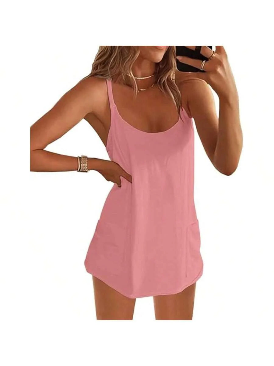 Maternity Dress Women's Workout Dress - Fitness Casual Mini Dress With Built-In Shorts, Sleeveless Style And Spaghetti Straps For Golf And Athletic Activities Maternity Clothes Khaki Dress,Fall Summer Short Dress,Fall Women Outfits,Office Wear,Work Women