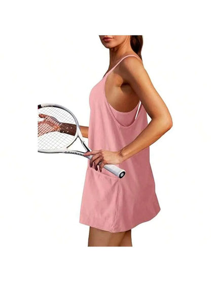 Maternity Dress Women's Workout Dress - Fitness Casual Mini Dress With Built-In Shorts, Sleeveless Style And Spaghetti Straps For Golf And Athletic Activities Maternity Clothes Khaki Dress,Fall Summer Short Dress,Fall Women Outfits,Office Wear,Work Women