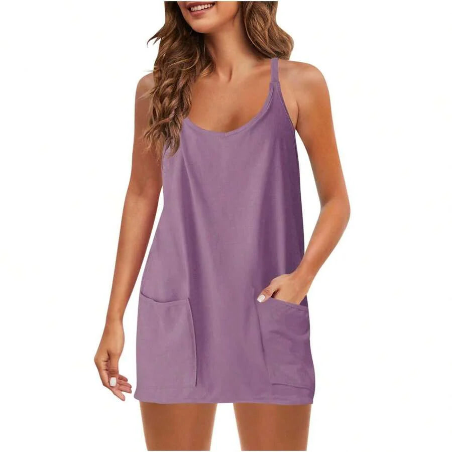 Maternity Dress Women's Workout Dress - Fitness Casual Mini Dress With Built-In Shorts, Sleeveless Style And Spaghetti Straps For Golf And Athletic Activities Maternity Clothes Khaki Dress,Fall Summer Short Dress,Fall Women Outfits,Office Wear,Work Women