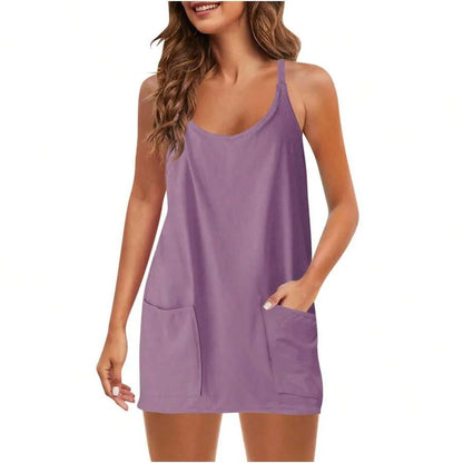 Maternity Dress Women's Workout Dress - Fitness Casual Mini Dress With Built-In Shorts, Sleeveless Style And Spaghetti Straps For Golf And Athletic Activities Maternity Clothes Khaki Dress,Fall Summer Short Dress,Fall Women Outfits,Office Wear,Work Women