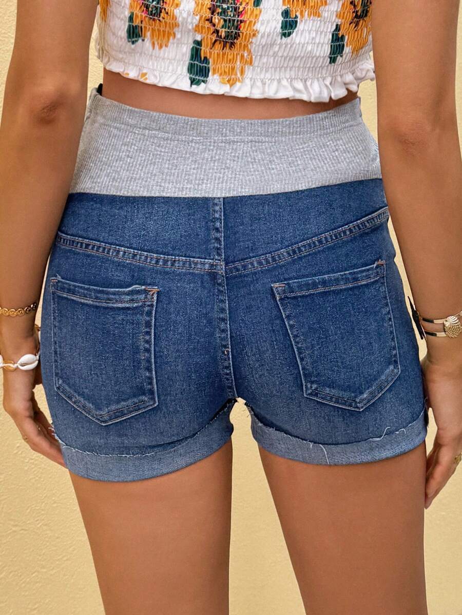 Maternity Denim Shorts - Washed, Skinny Fit, Elastic Waist, Short, Multicolor