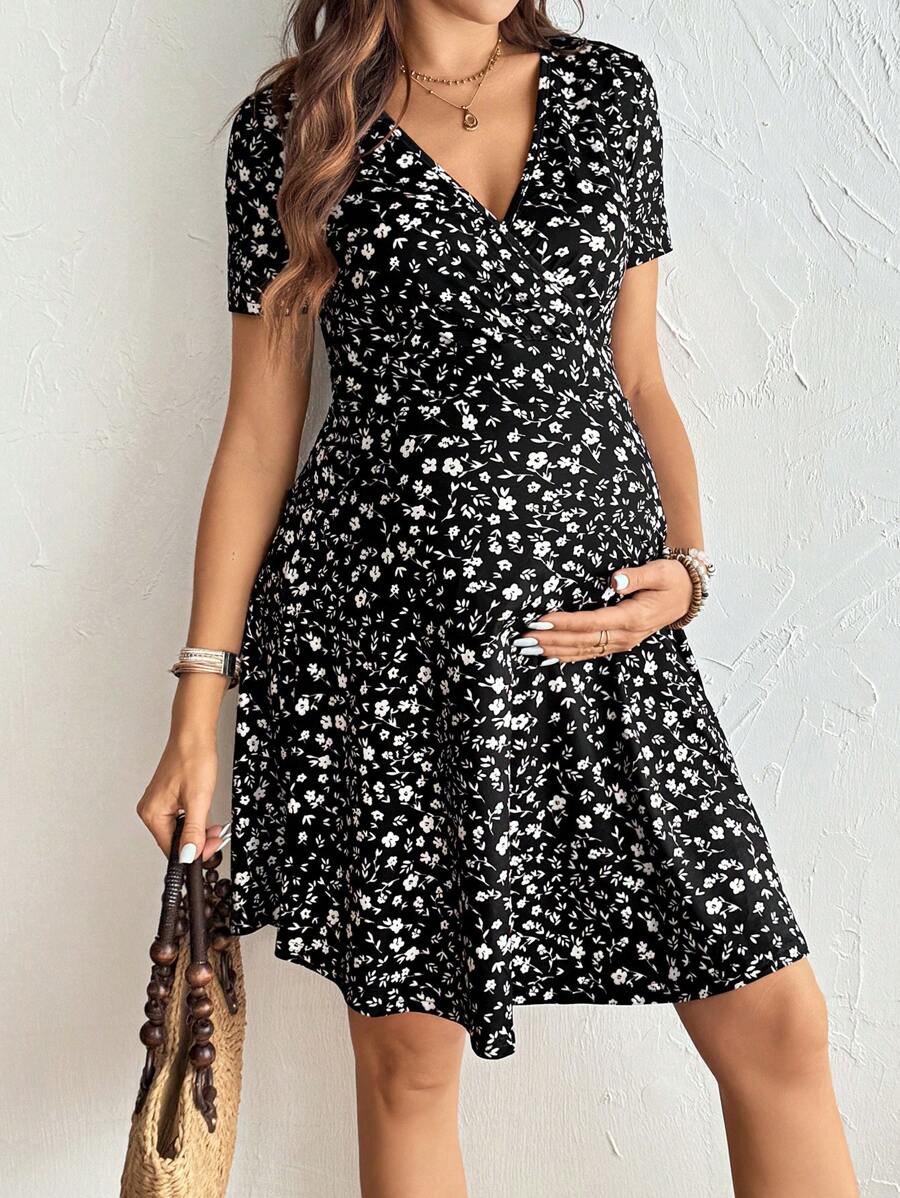 Maternity Short Sleeve V Neck Wrap A-Line Dress Geometric Print High Waist Flared Summer Streetwear Mini Dress