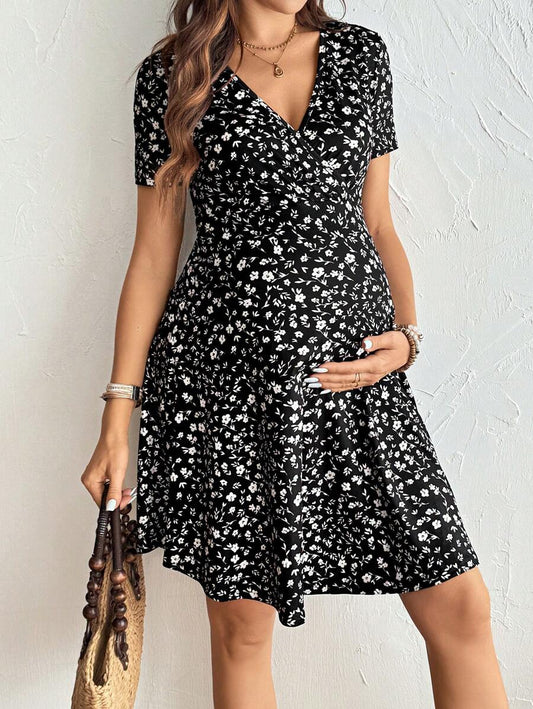 Maternity Short Sleeve V Neck Wrap A-Line Dress Geometric Print High Waist Flared Summer Streetwear Mini Dress
