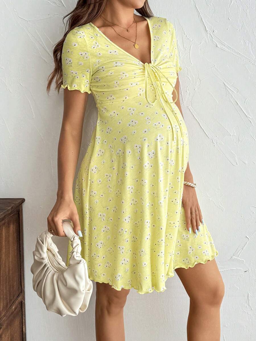 Maternity Daisy Print V-Neck Short Sleeve Dress - Ruched A-Line High Waist Floral Summer Mini Dress with Drawstring Front