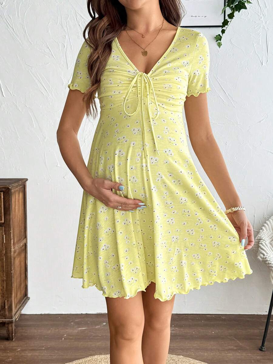 Maternity Daisy Print V-Neck Short Sleeve Dress - Ruched A-Line High Waist Floral Summer Mini Dress with Drawstring Front