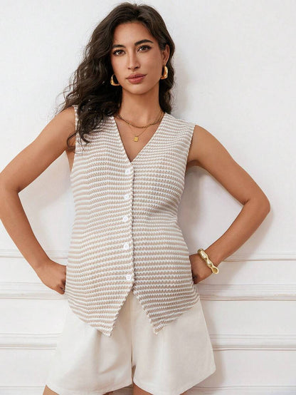 Maternity V-Neck Single-Breasted Striped Tank Top Slim Fit Baby Blue Knitted Sleeveless Shirt for Casual Street Style
