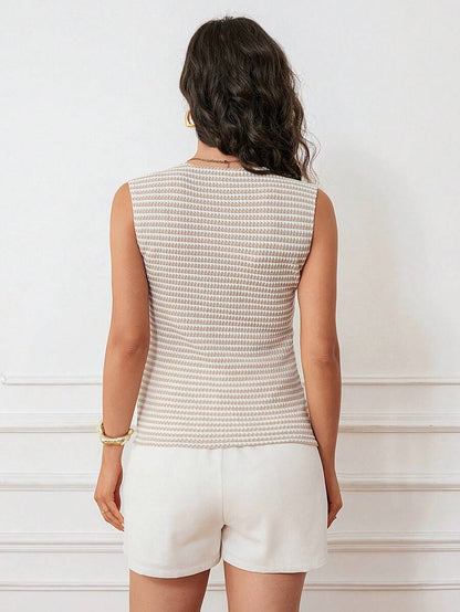Maternity V-Neck Single-Breasted Striped Tank Top Slim Fit Baby Blue Knitted Sleeveless Shirt for Casual Street Style