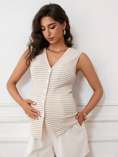 Maternity V-Neck Single-Breasted Striped Tank Top Slim Fit Baby Blue Knitted Sleeveless Shirt for Casual Street Style