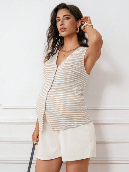 Maternity V-Neck Single-Breasted Striped Tank Top Slim Fit Baby Blue Knitted Sleeveless Shirt for Casual Street Style