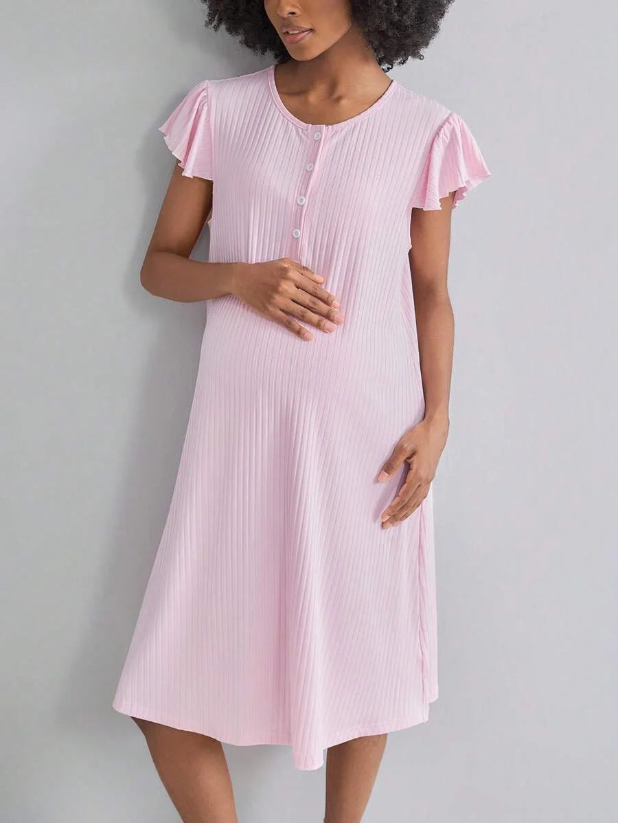Maternity Rib Nursing Nightgown - Long Sleeve Button Sleep Shirt Soft, Pregnancy Pajama Loungewear