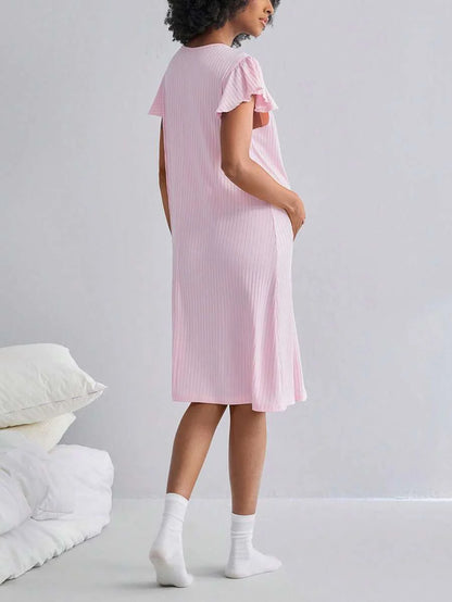 Maternity Rib Nursing Nightgown - Long Sleeve Button Sleep Shirt Soft, Pregnancy Pajama Loungewear