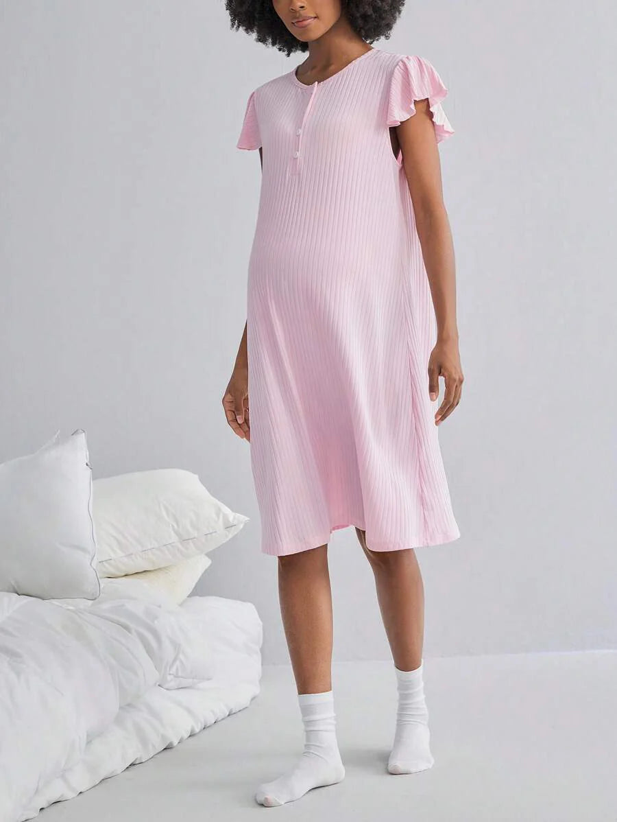 Maternity Rib Nursing Nightgown - Long Sleeve Button Sleep Shirt Soft, Pregnancy Pajama Loungewear