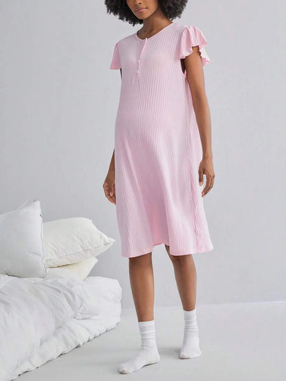 Maternity Rib Nursing Nightgown - Long Sleeve Button Sleep Shirt Soft, Pregnancy Pajama Loungewear