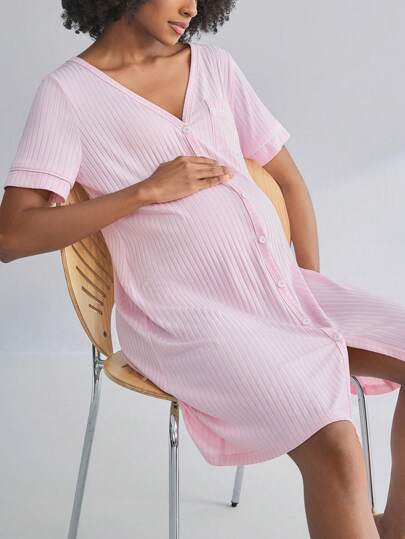 Maternity Short Sleeve Ribbed Nursing Nightgown - Button Front Fashion Loungewear, Breastfeeding