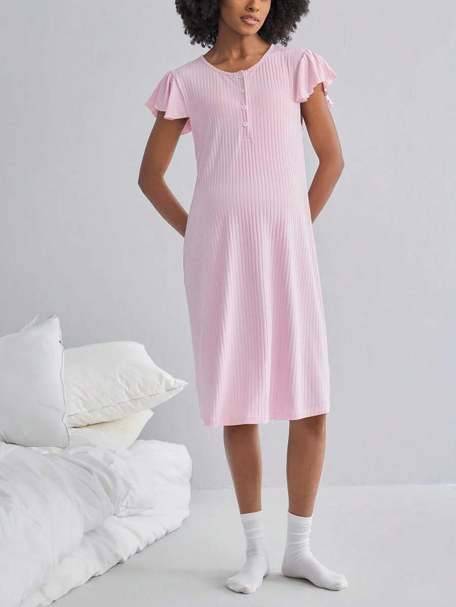 Maternity Rib Nursing Nightgown - Long Sleeve Button Sleep Shirt Soft, Pregnancy Pajama Loungewear