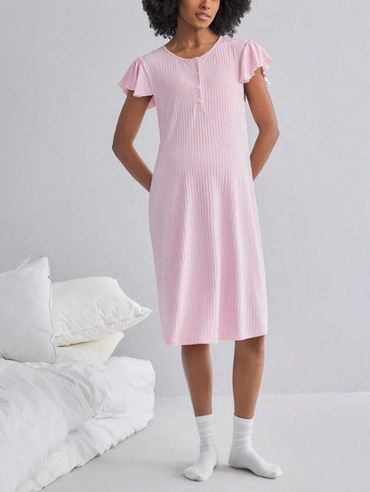 Maternity Rib Nursing Nightgown - Long Sleeve Button Sleep Shirt Soft, Pregnancy Pajama Loungewear