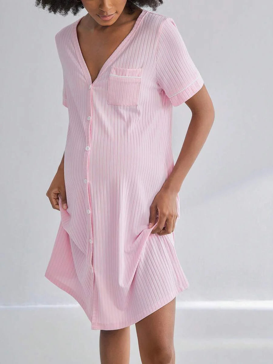 Maternity Ribbed Nursing Nightgown Women Short Sleeve Button Sleepwear Pajama Dress