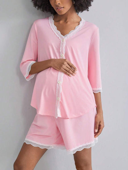 Maternity Nursing Pajama Set 2 Pack - Short Sleeve Lace Button Detail Lounge, Breastfeeding
