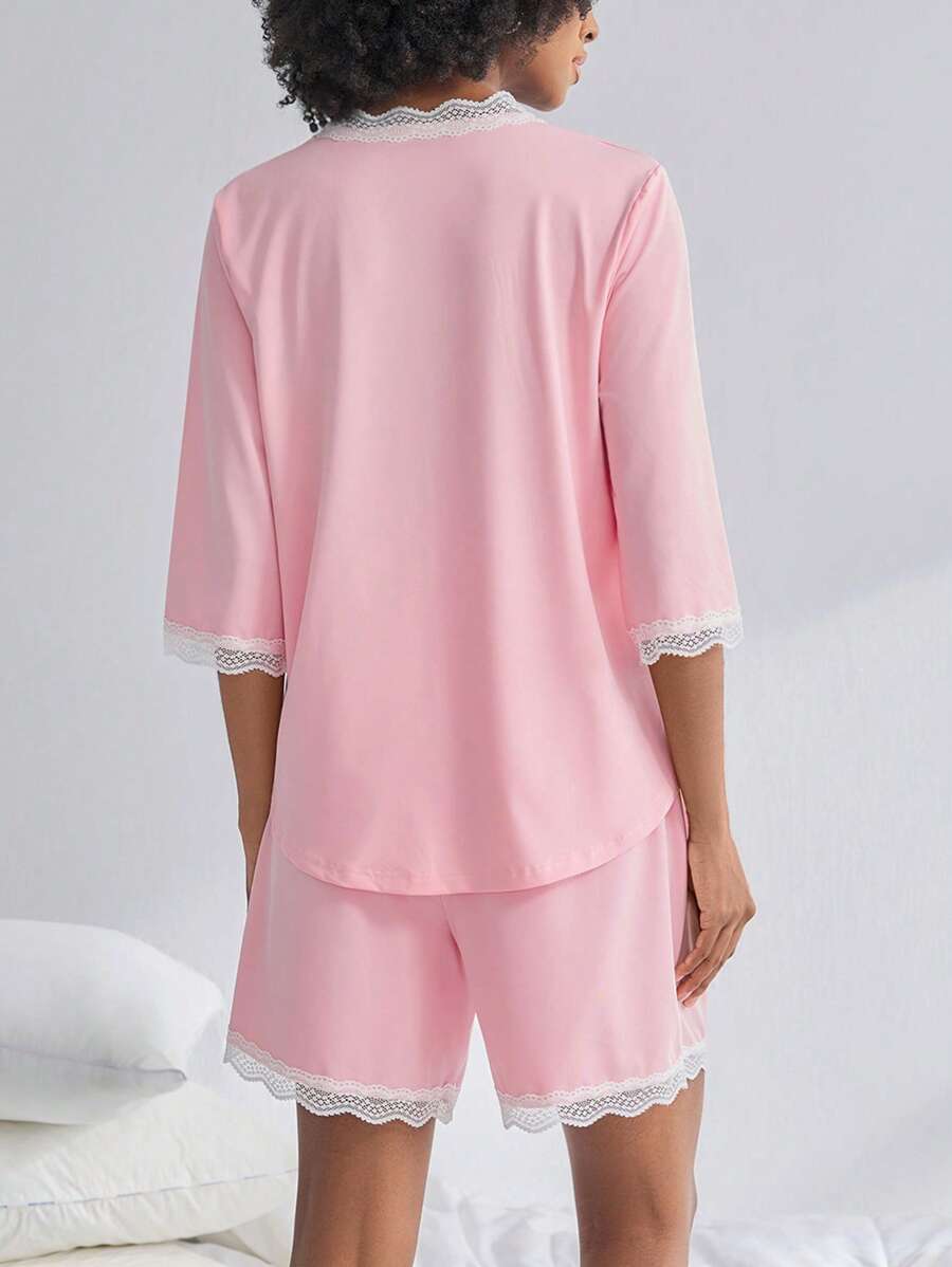 Maternity Nursing Pajama Set 2 Pack - Short Sleeve Lace Button Detail Lounge, Breastfeeding