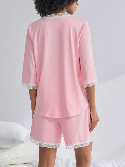 Maternity Nursing Pajama Set 2 Pack - Short Sleeve Lace Button Detail Lounge, Breastfeeding