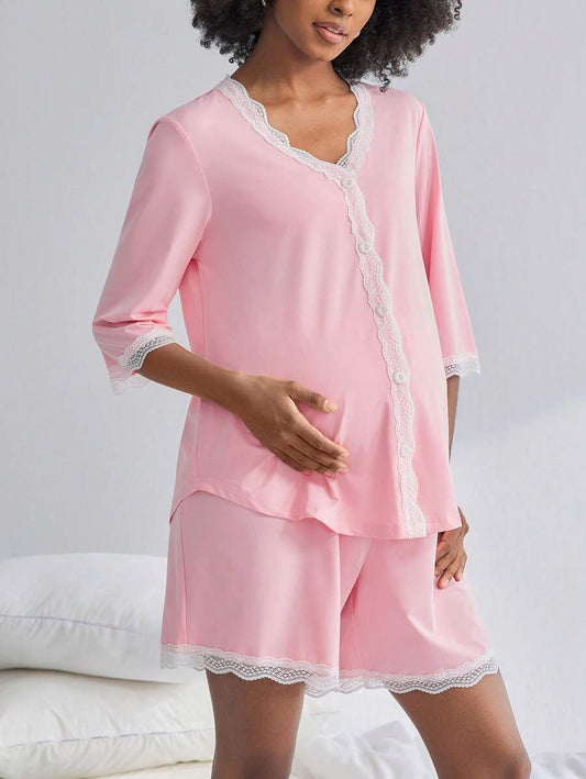 Maternity Nursing Pajama Set 2 Pack - Short Sleeve Lace Button Detail Lounge, Breastfeeding