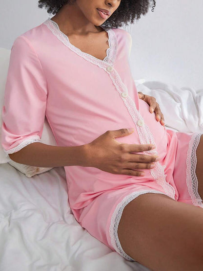 Maternity Nursing Pajama Set 2 Pack - Short Sleeve Lace Button Detail Lounge, Breastfeeding