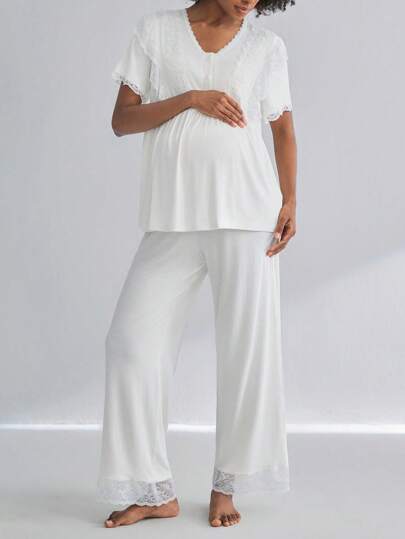 Maternity Nursing Pajama Set 2 Pack - Short Sleeve Lace Button Front Fashion, Breastfeeding