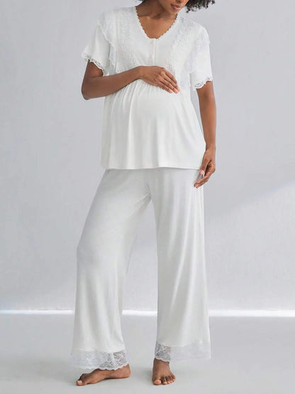 Maternity Nursing Pajama Set 2 Pack - Short Sleeve Lace Button Front Fashion, Breastfeeding
