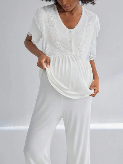 Maternity Nursing Pajama Set 2 Pack - Short Sleeve Lace Button Front Fashion, Breastfeeding