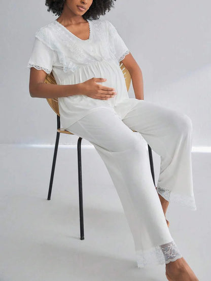 Maternity Nursing Pajama Set 2 Pack - Short Sleeve Lace Button Front Fashion, Breastfeeding