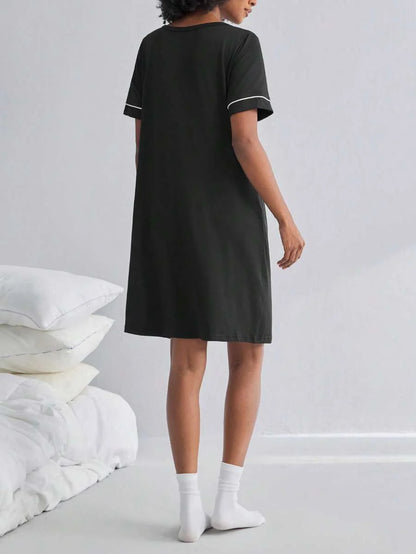 Mama Maternity Solid Color V-Neck Short Sleeve Pocket Single-Breasted Casual Dress Maternity Sleepwear