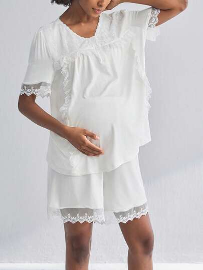 Maternity Pajama Set - Lace Trim 3/4 Sleeve Top and 3/4 Pants Soft Comfortable Nursing Lounge