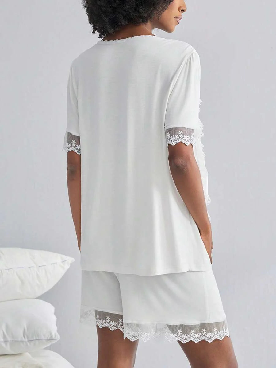 Maternity Pajama Set - Lace Trim 3/4 Sleeve Top and 3/4 Pants Soft Comfortable Nursing Lounge