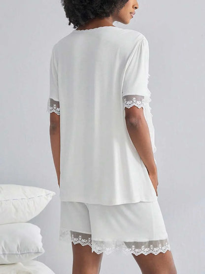 Maternity Pajama Set - Lace Trim 3/4 Sleeve Top and 3/4 Pants Soft Comfortable Nursing Lounge