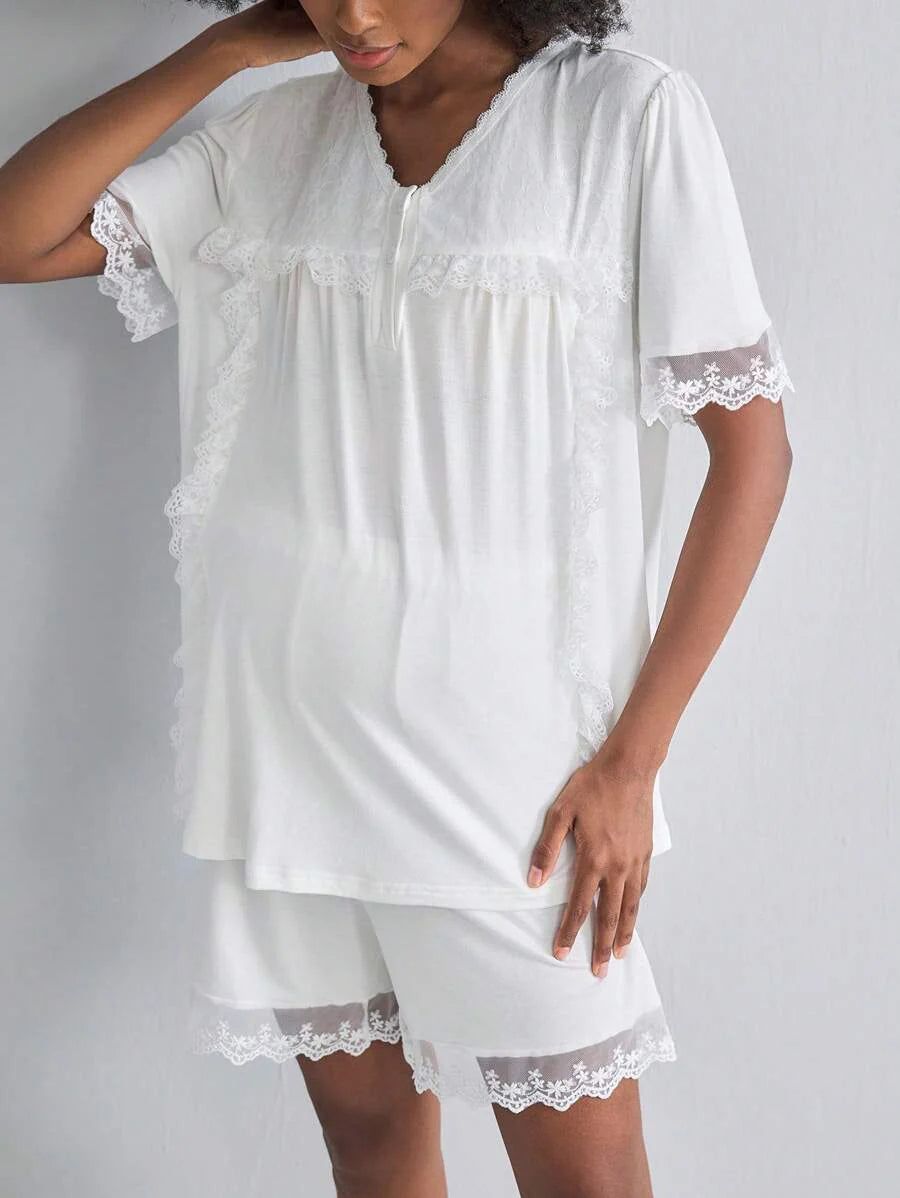 Maternity Pajama Set - Lace Trim 3/4 Sleeve Top and 3/4 Pants Soft Comfortable Nursing Lounge