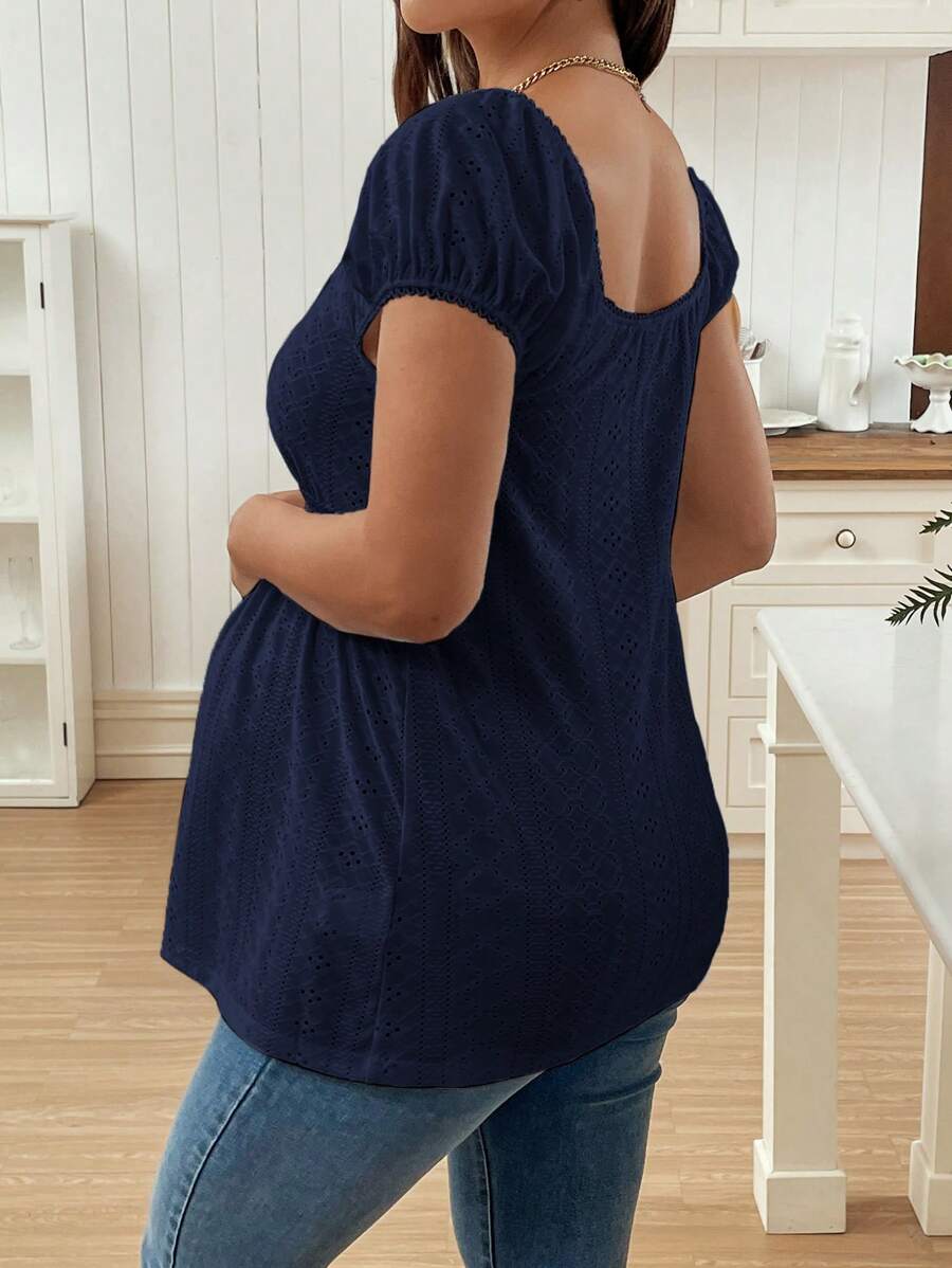 Maternity Square Neck Textured Jacquard Ruched T-Shirt - Puff Long Sleeve Raglan Top with Flared Hem for Pregnant Women