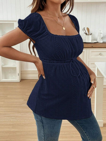 Maternity Square Neck Textured Jacquard Ruched T-Shirt - Puff Long Sleeve Raglan Top with Flared Hem for Pregnant Women