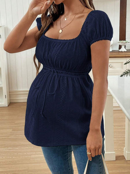 Maternity Square Neck Textured Jacquard Ruched T-Shirt - Puff Long Sleeve Raglan Top with Flared Hem for Pregnant Women