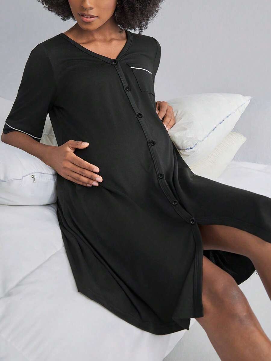 Maternity Breastfeeding Loungewear Set Women Short Sleeve Top and Knee Length Jumpsuit Pajamas