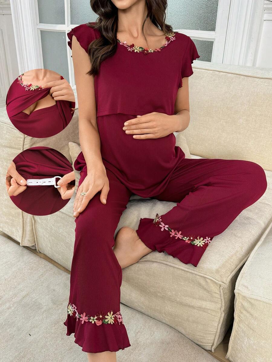 Maternity Christmas Pajama Set - Floral Embroidery Square Neck Cap Sleeve, Festive Loungewear