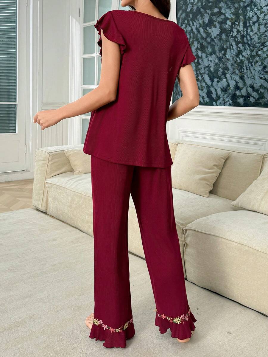 Maternity Christmas Pajama Set - Floral Embroidery Square Neck Cap Sleeve, Festive Loungewear